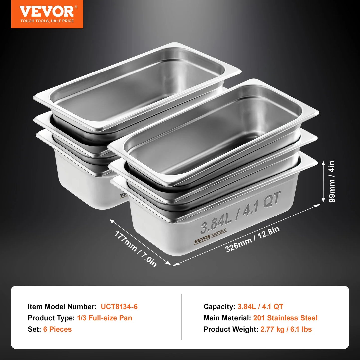 VEVOR 6 Pack Buffet Chafing Dishes 3.8L Gastronorm Pans Steam Table Pans Tray Stainless Steel Food Container for Party BBQ