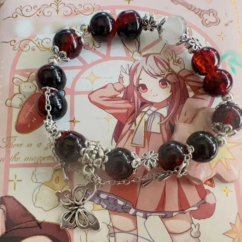 Light Luxury Purple Glass Crystal Beaded Bracelets for Women Chic Butterfly Tassel Pendant Bracelets Sweet Girl Wrist Jewelry