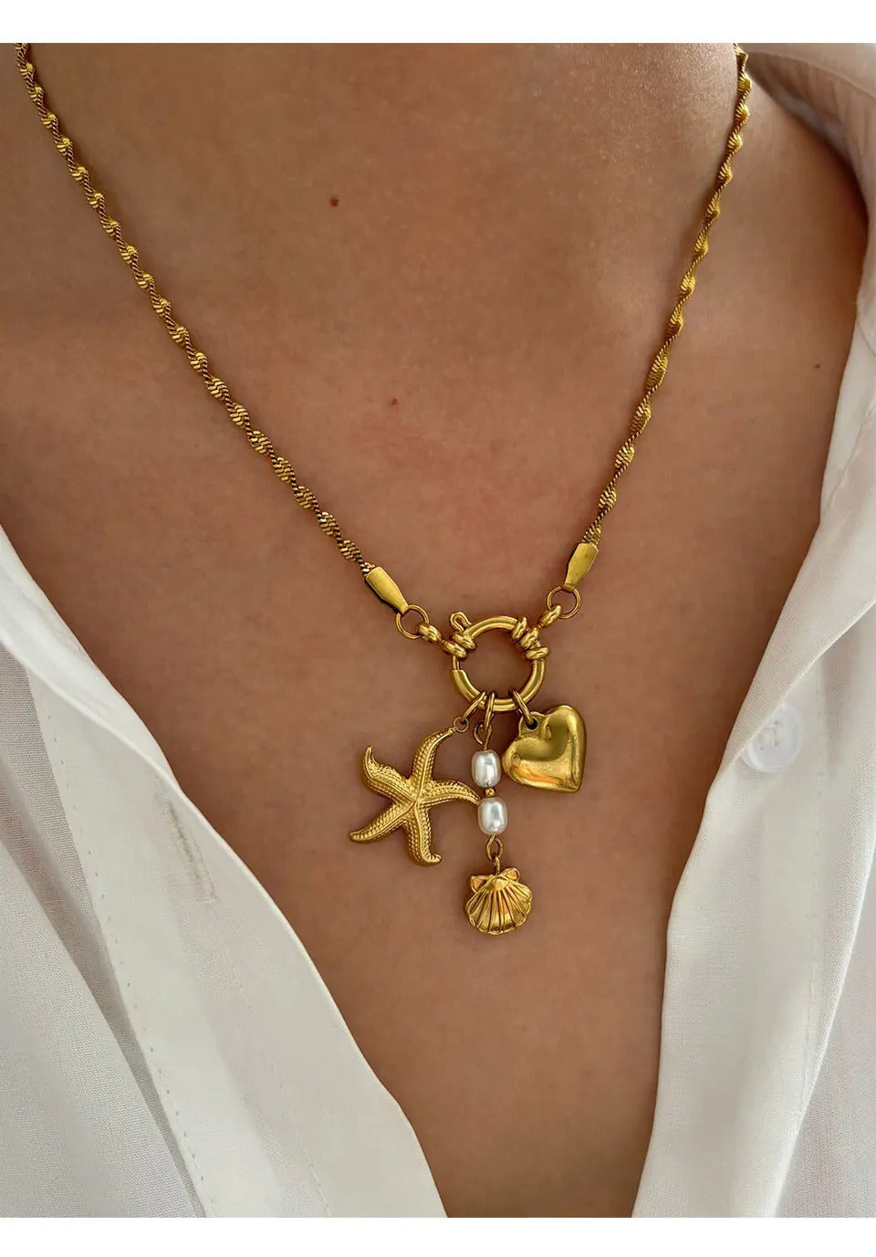 Peri'sbox Stainless Steel Chunky Heart Starfish Shell Pendant Necklace for Women Imitation Pearl Flat Snake Chain Trendy Jewelry