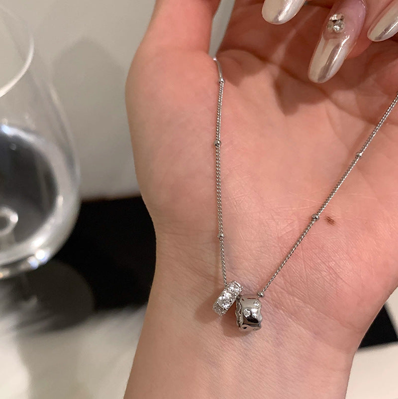 S925 Sterling Silver Double Ring Zircon Necklace Women's Light Luxury Double Ring Niche Clavicle Chain High-grade Sense Woolen Chain New Style