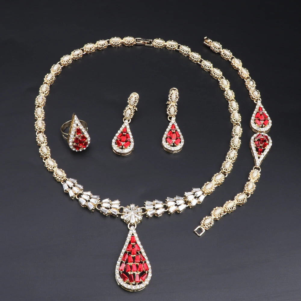 Dubai Gold Color Jewelry Sets Water Drop Pendant Necklace Earrings Ring Bracelet Classic Design 4Pcs Set Party Jewelry