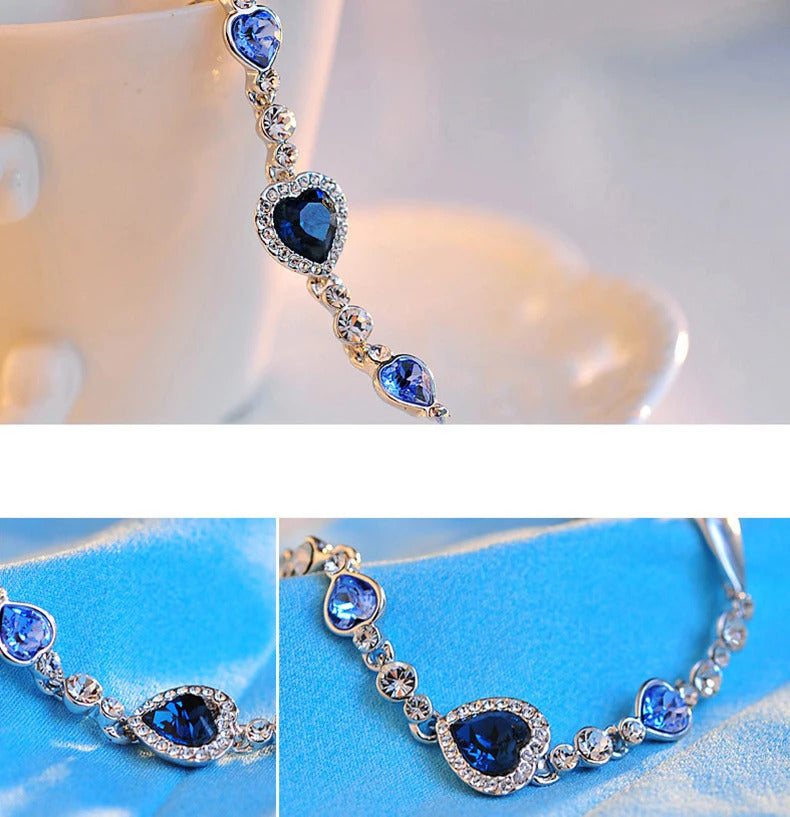 New Women Luxury Lucky Bracelet for Female Blue Crystal Heart Charm Bracelet Women Bridal Wedding Engagement Fine Jewelry Gift