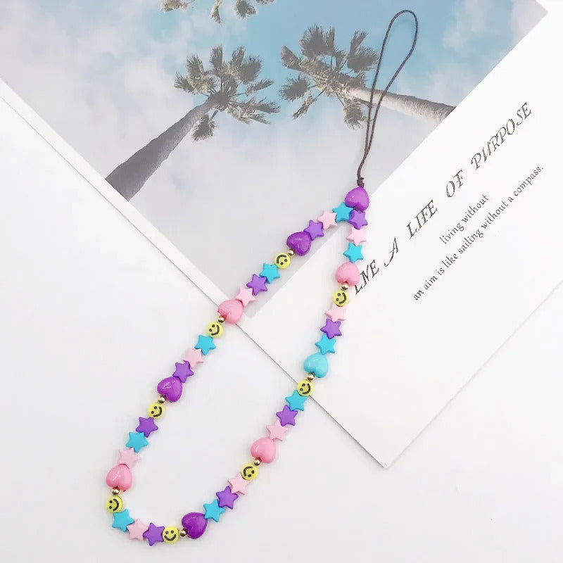 Fashion Charm Pearl Clay Beaded Mobile Phone Chain Acrylic Cartoon Phone Jewelry Women Girls Anti Lost Telephone Lanyard Hanging