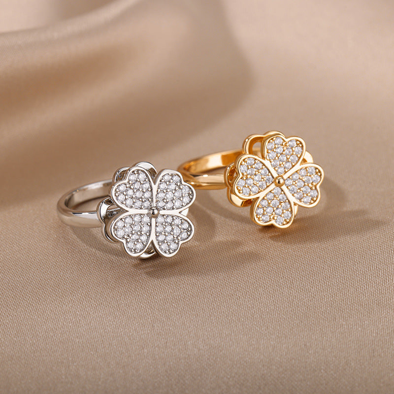 New Rotatable Zircon Flower Open Ring for Women, Unique Design Stress Relief Ring Wholesale
