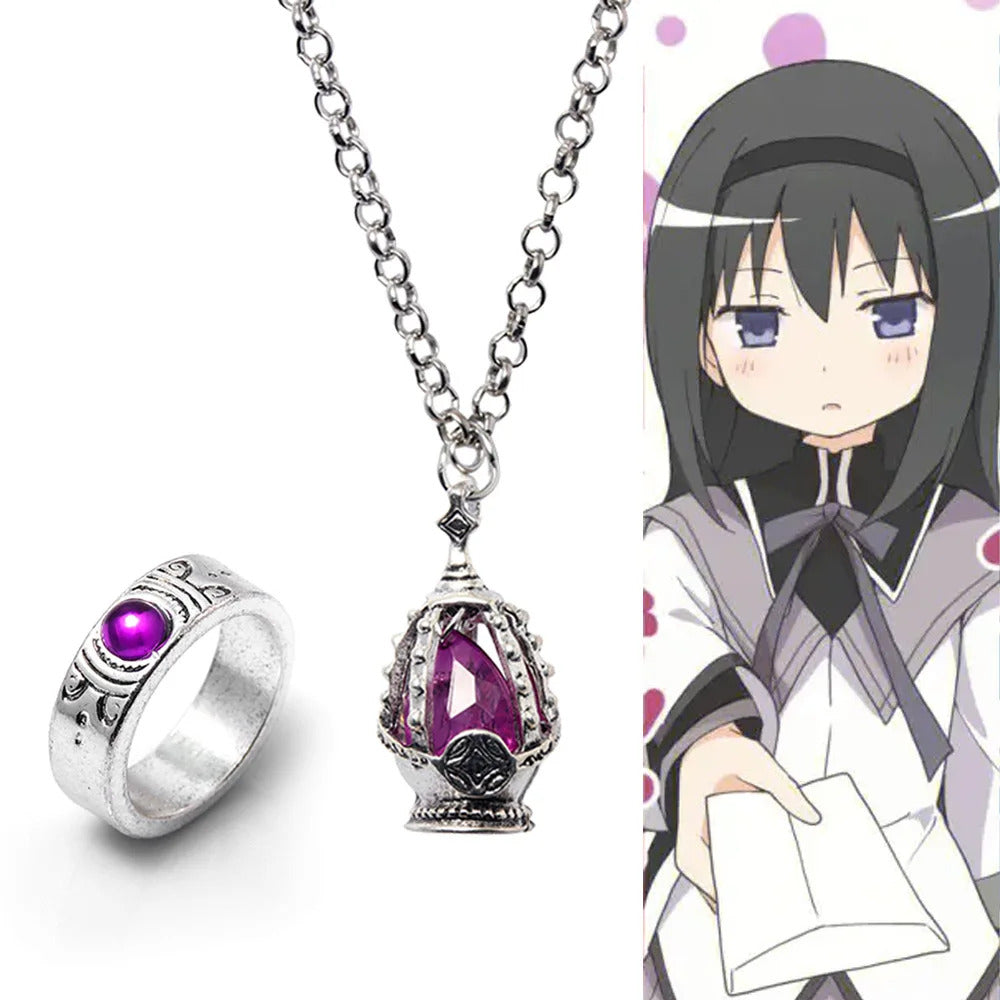 Anime Puella Magi Madoka Magica Soul Gem Necklace Crystal Pendant Ring Cosplay Costumes Lovers Jewelry Set Accessoies Prop