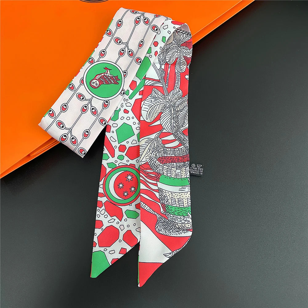 Fashion Women Hair Scarf 2024 New Brand Design Luxury Silk Scarf Fashion Print Headband Skinny Bag Scarves Neckerchief