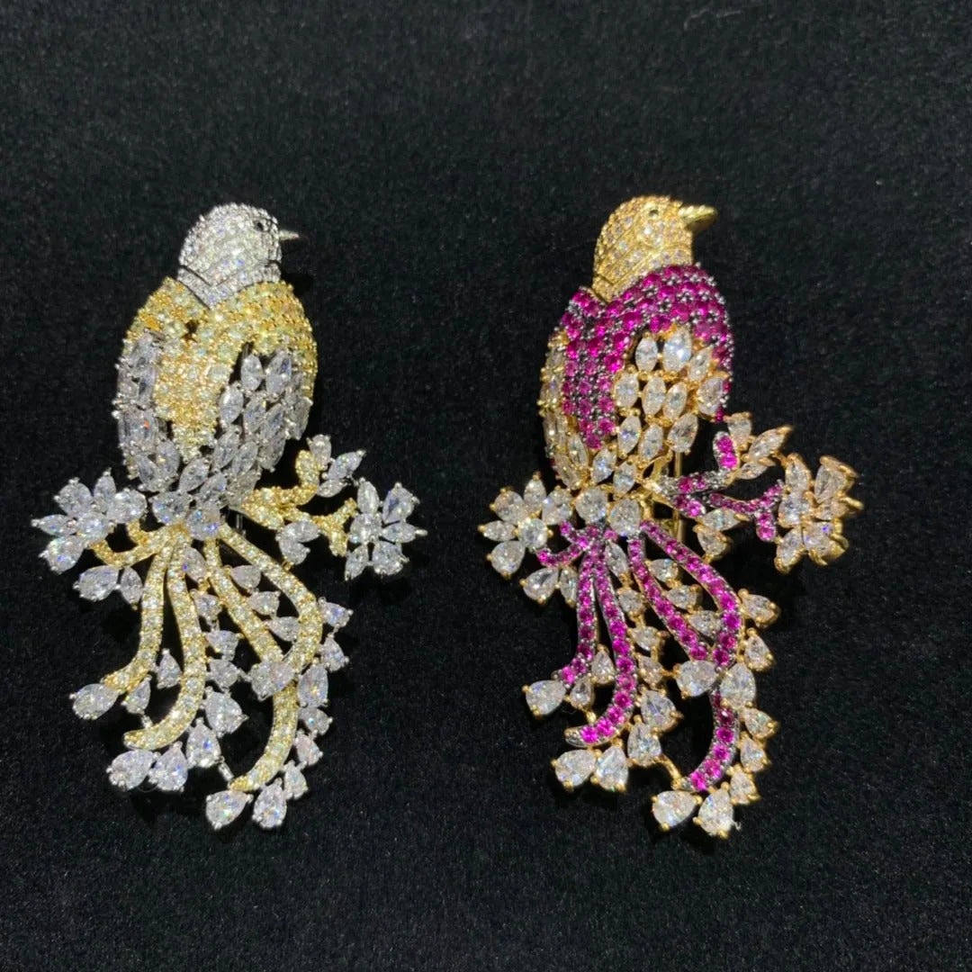 copper with cubic zircon birds brooch pin pink yellow multi color single double birds fashion women & men jewelry free shipping
