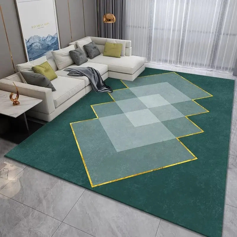 Luxury Modern Geometric Living Room Carpets Home Decoration Golden Green Rugs for Bedroom Washable Fluffy Large Area Mat Bedside