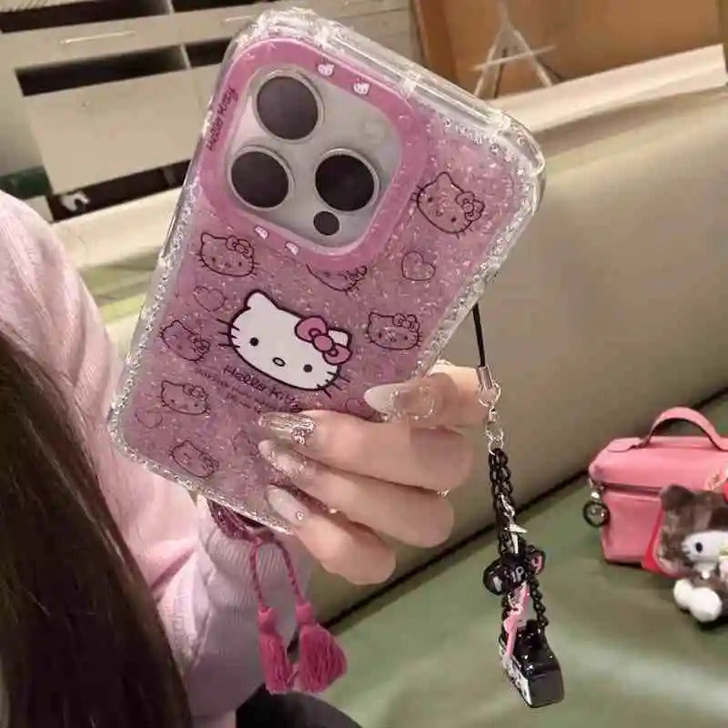 New Hello Kitty 3d Glitter Diamand Shell Case With Pendant For Iphone 16 15 14 13pro Max Plus Japan Korean Girl Soft Cover Gift
