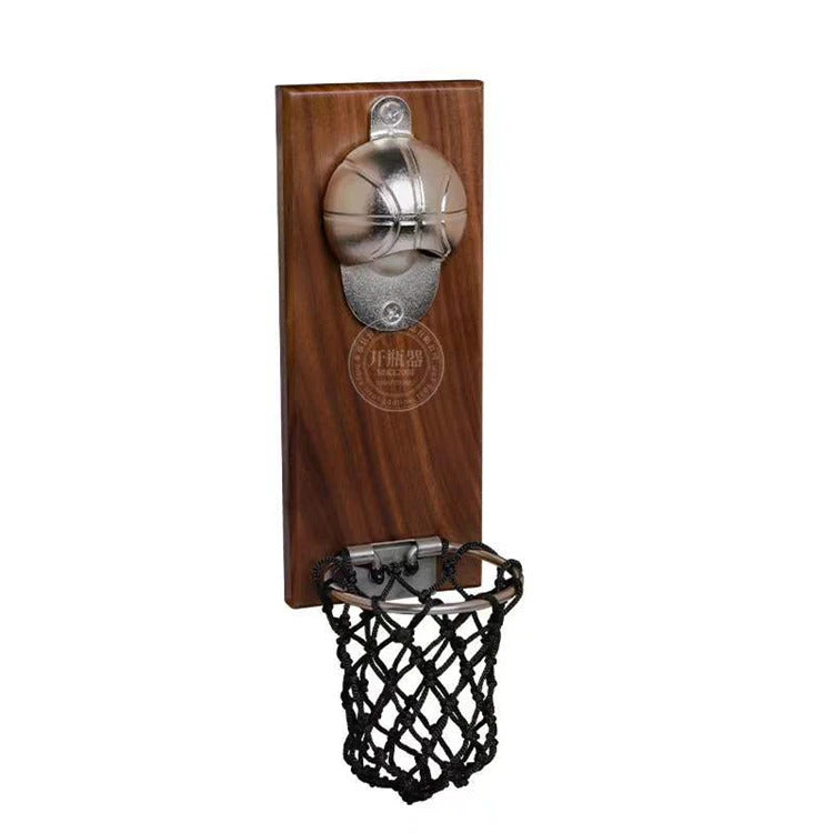 LMETJMA Magnetic Basketball Bottle Opener Wooden Wall-mounted Beer Bottle Opener with Cap Catcher Ideal Gift for Basketball JT82