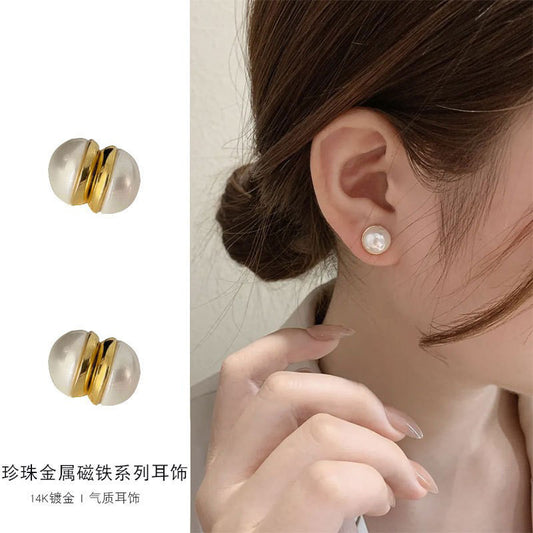 Pearl Non-Pierced Magnetic Painless Ear Clips for Women French Style Summer Earrings Light Luxury Niche Tea Series Ear Jewelry