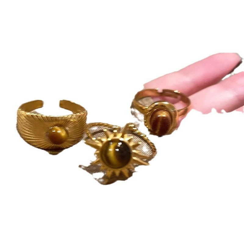 Golden Sunflower Tiger Eye Ring Women's High-grade Sense Ring Niche Design Unique Ring