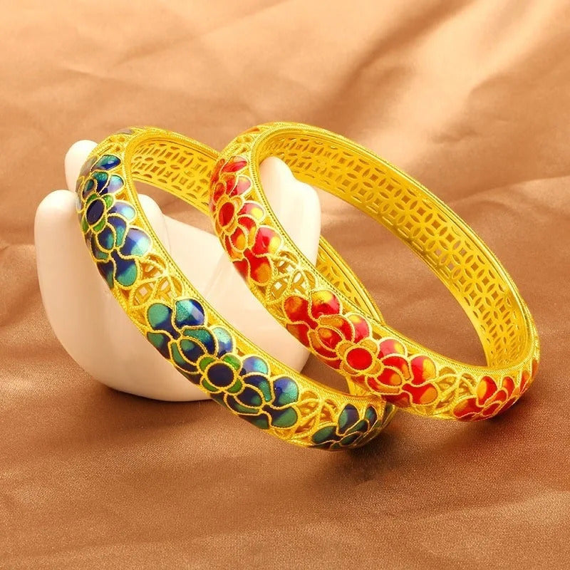 Chinese style wedding jewelry exquisite antique gold craftsred Lotus Flower bangles enamel retro charms bracelet for women