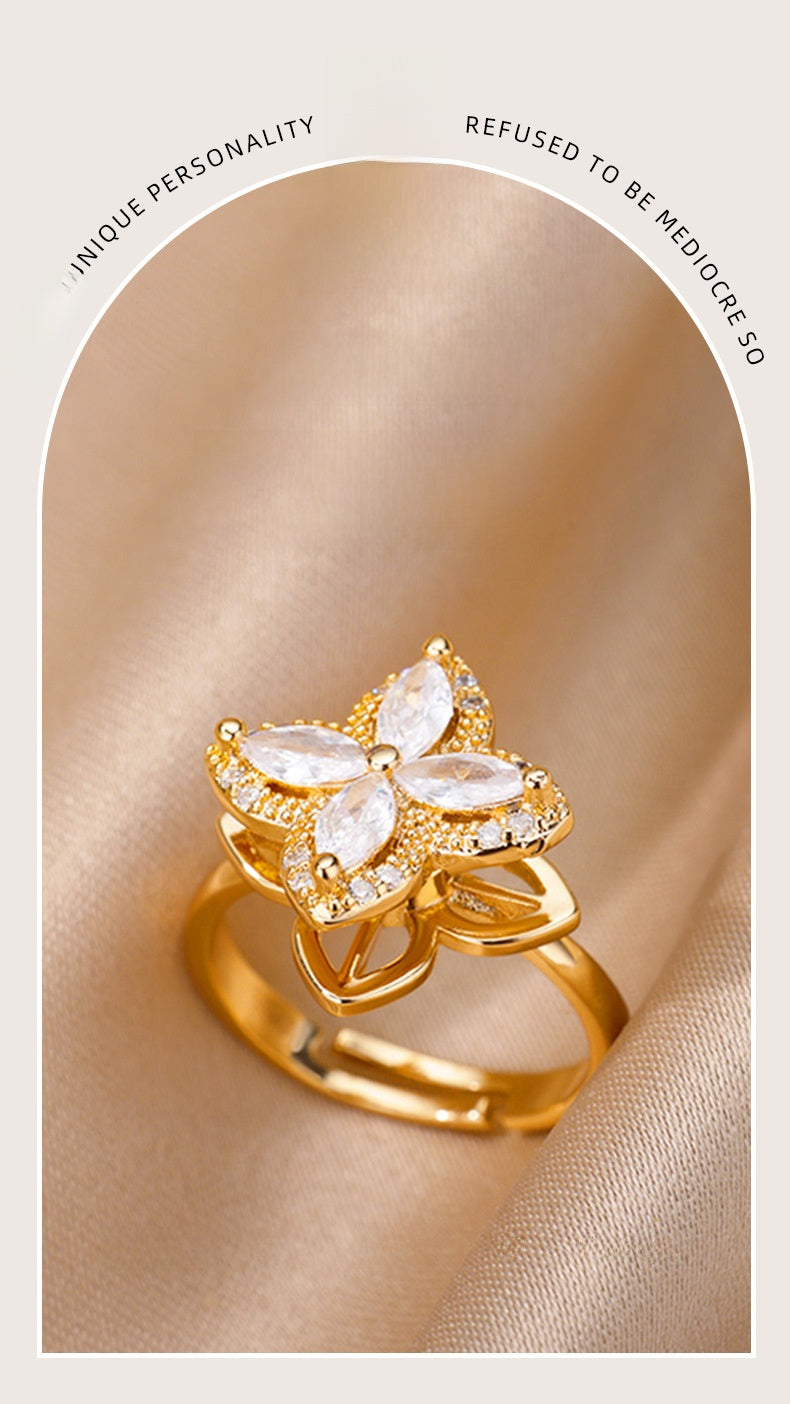 New Rotatable Zircon Flower Open Ring for Women, Unique Design Stress Relief Ring Wholesale