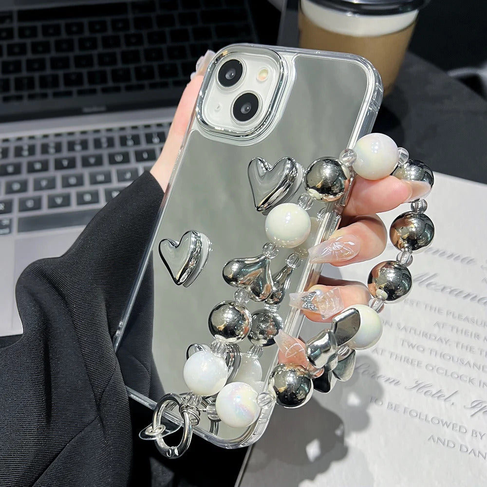 Love Heart Lanyard Mirror Phone Case For iPhone 13 11 16 15 Pro Max 12 14 Plus XR X XS Case Wrist Chain Makeup Mirror Soft Cover