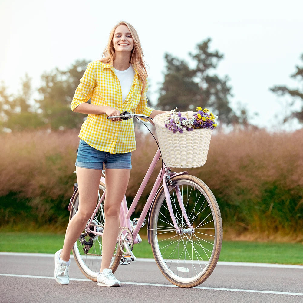 Front Handlebar Bicycle Basket Adjustable Traditional Bicycle Basket Multifunction Hand Woven Bike Basket for Kids Children Bike