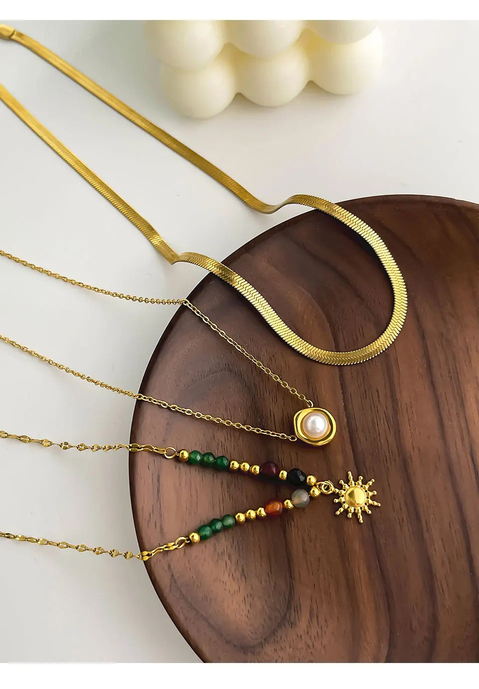 Peri'sbox Imitation Pearl Natural Stone Sunflower Pendant Necklace Women's Stainless Steel Flat Snake Chain Stackable Jewelry