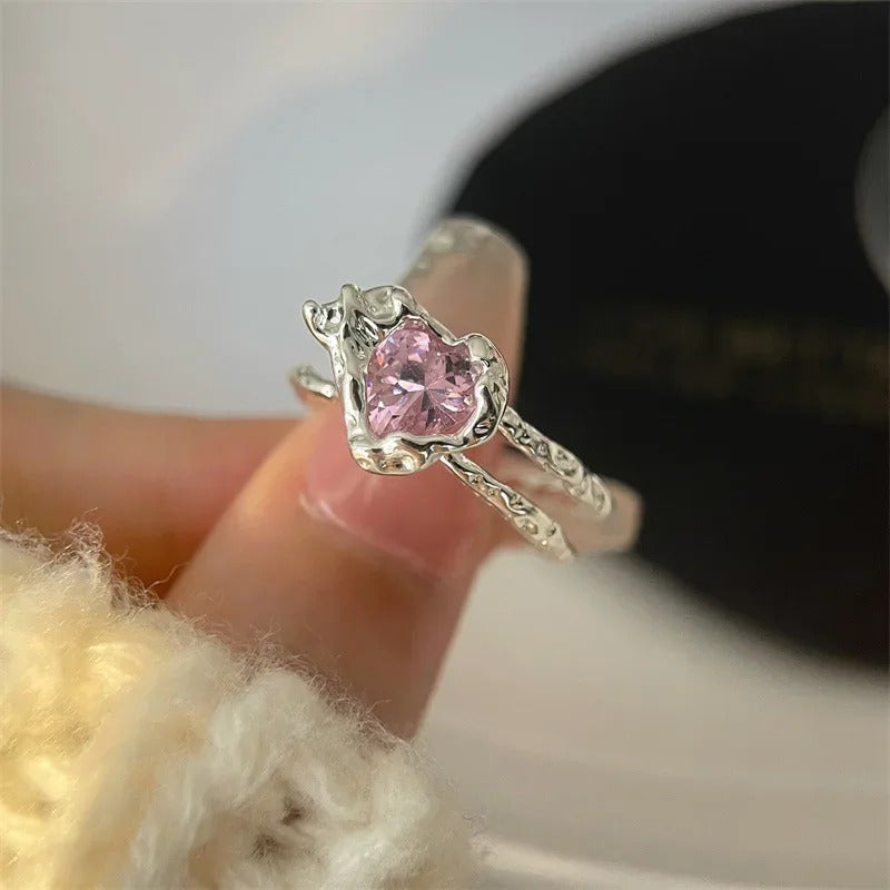 Fashion Sweet Cool Pink Heart Opening Ring Women Girls Y2K Adjustable Female Temperament Personality Finger Ring Jewelry Gifts