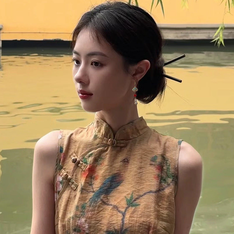 New Chinese Style Pearl Long Earrings Ancient Style Ear Clips Non-Pierced Women Retro Blue Butterfly Earrings Cheongsam Hanfu Ear Accessories