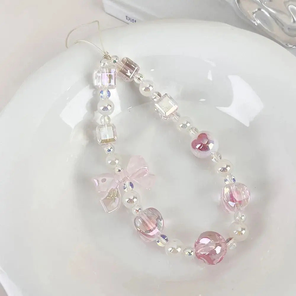 Sweet Candy Color Mobile Phone Chain Cute Bow Beaded Cellphone Pendant Charms Women Cell Phone Case Anti-loss Lanyard Jewelry