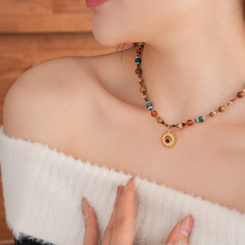 Titanium Steel Natural Stone Rice Bead Sun Necklace Retro Ethnic Style Niche Clavicle Chain Light Luxury High-end Fashion Jewelry