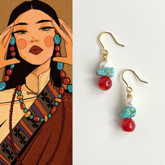 Natural Pearl Earrings National Trend New Chinese Style Agate Earrings Elegant Retro Artistic Tibetan Style Ear Jewelry