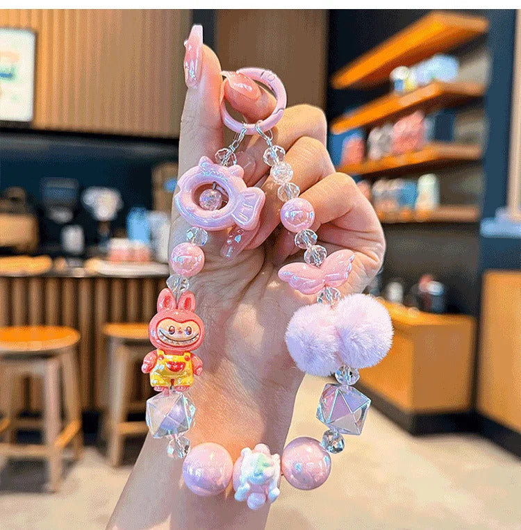 New Labubu wool ball bead Phone Chain Girls Kawaii Cartoon Backpack Pendant Cute Keychain Lanyard Bag Charm Mobile Case Gift