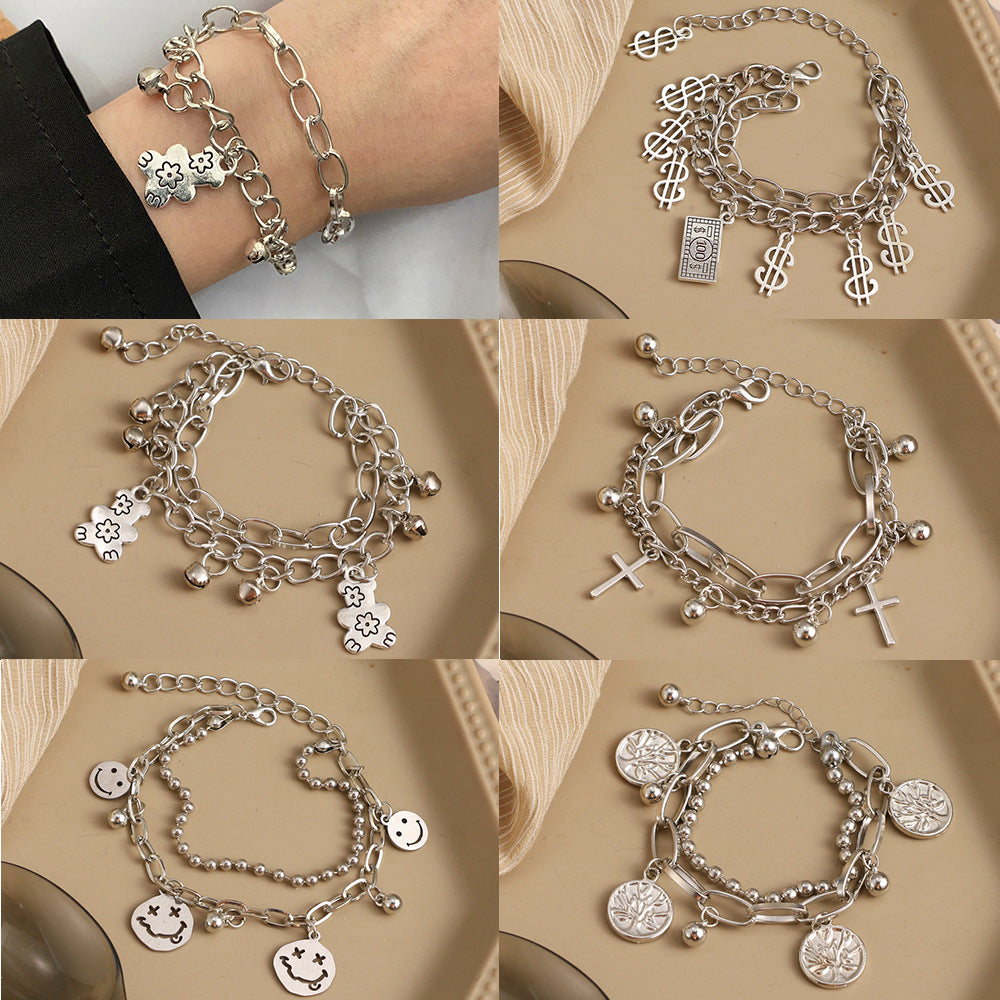 Bear Bracelet Korean Style Design Cold Style Cross Pendant Double Layer Bracelet
