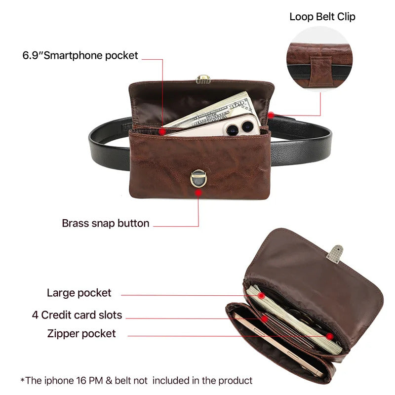 Genuine Leather Waist Bag for Men Casual Flip Cover Phone Holster Case with Belt Clip Mobile Phone Pouch for iPhone 16 Samsung