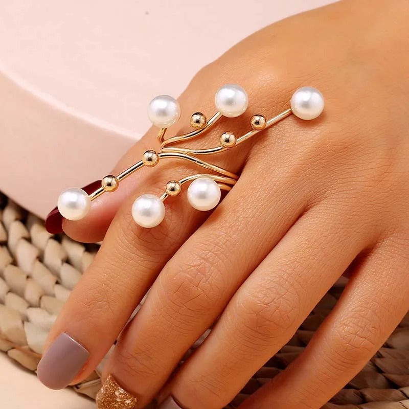 Vintage White Pearl Geometric Rings For Women Exaggerated Metal Irregular Double Layer Large Pearl Rings Party Jewelry