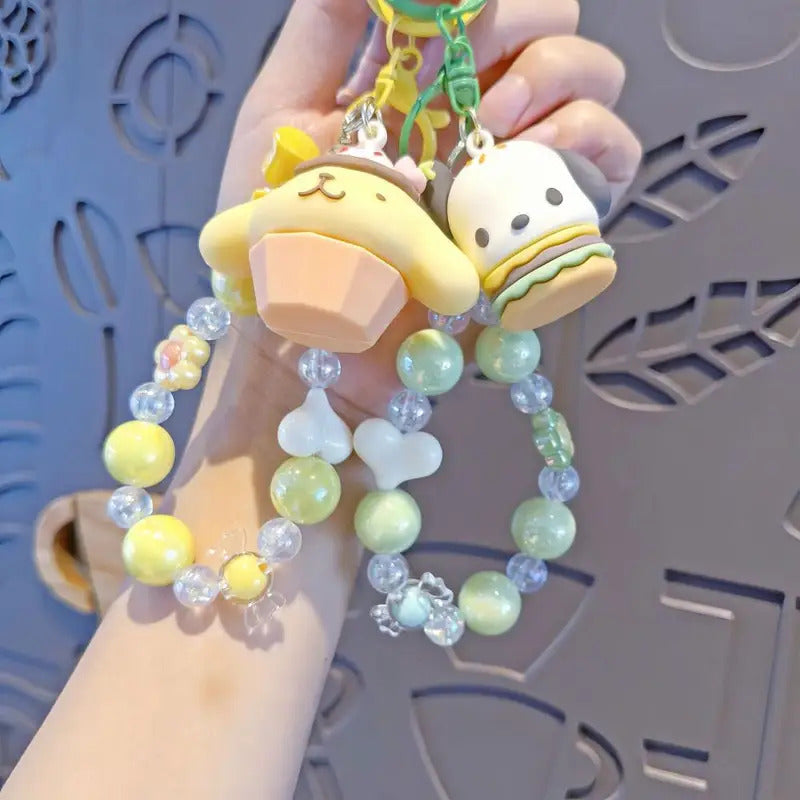 Sanrio Beaded Keychain Hello Kitty Cinnamoroll Kuromi Cute Cartoon Doll Pendant Phone Chain Keychains Bag Pendant Accessories