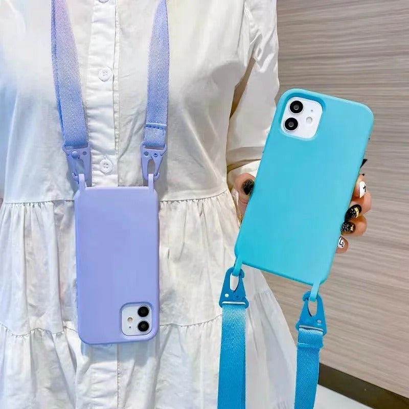2025 Crossbody Strap Lanyard Silicone Phone Case For iPhone 16 15 14 13 12 Mini 11 Pro Max Plus Candy Color Soft TPU Back Cover