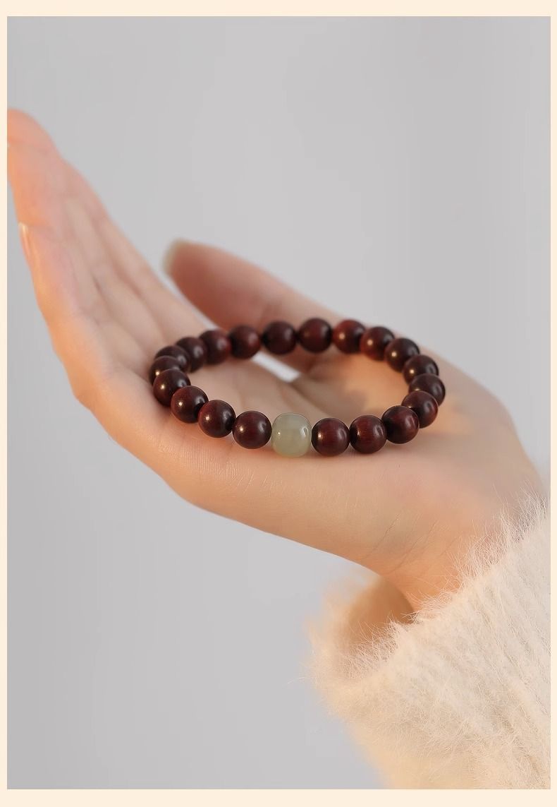 Natural Small Leaf Red Sandalwood Bracelet for Men and Women Couples Black Ebony Wooden Buddhist Beads Golden Silk Sandalwood Bracelet Hetian Jade Top Beads