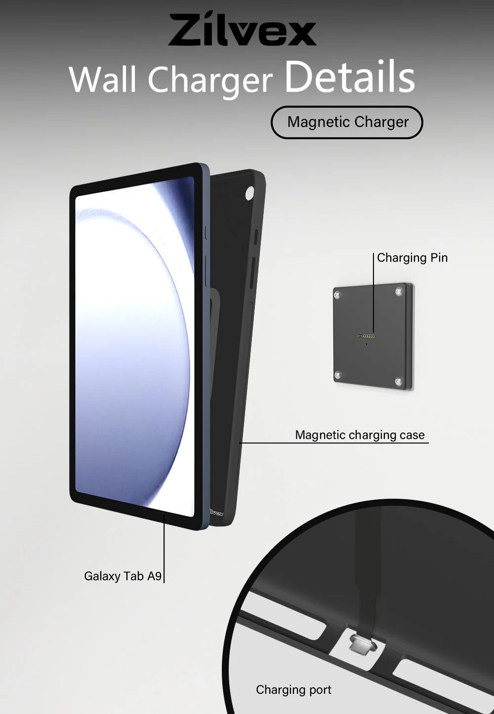 Supplied Magnetic Wall Mounted Charging Stan for Samsung Galaxy Tab A9 8.7 inch intelligent switch 18W Power in Wall emonita