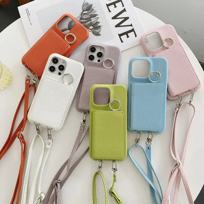 Ring Holder Mirror Card Slot Case For iPhone 13 12 Mini 16E 16 15 14 11 Pro XS Max 8 Plus Crossbody Wallet Lanyard Leather Cover