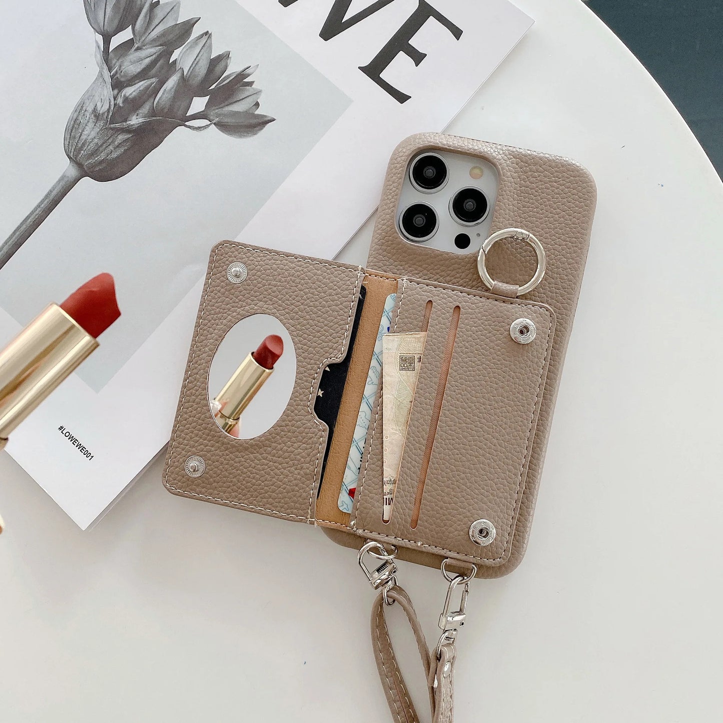 Ring Holder Mirror Card Slot Case For iPhone 13 12 Mini 16E 16 15 14 11 Pro XS Max 8 Plus Crossbody Wallet Lanyard Leather Cover