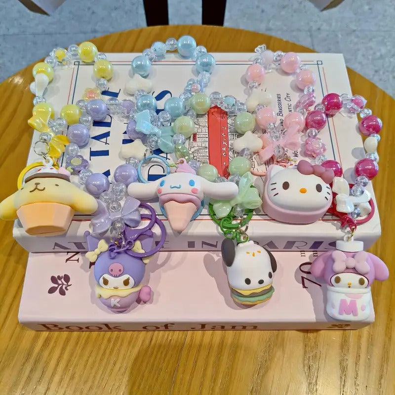 Sanrio Beaded Keychain Hello Kitty Cinnamoroll Kuromi Cute Cartoon Doll Pendant Phone Chain Keychains Bag Pendant Accessories