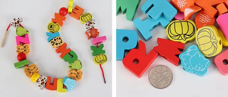 26pcs Wooden Toys Baby DIY Toy Cartoon Fruit Animal Stringing Threading Wooden beads Toy Monterssori Educational for Kids GYH