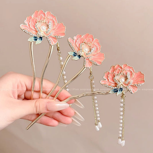 National Style Peony Flower Hairpin for Women 2025 New Super Fairy Step Shake Tassel Hair U-shaped Hairpin Cheongsam Hanfu Hairpin