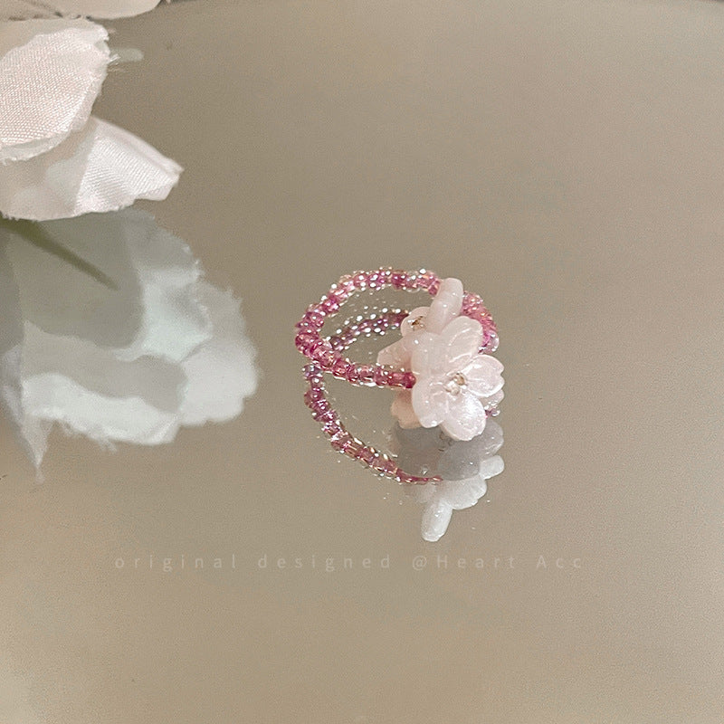 Violet Flower Elastic Beaded Ring for Women 2025 Spring Summer Korean Style Index Finger Ring Dopamine Bestie Layered Ring