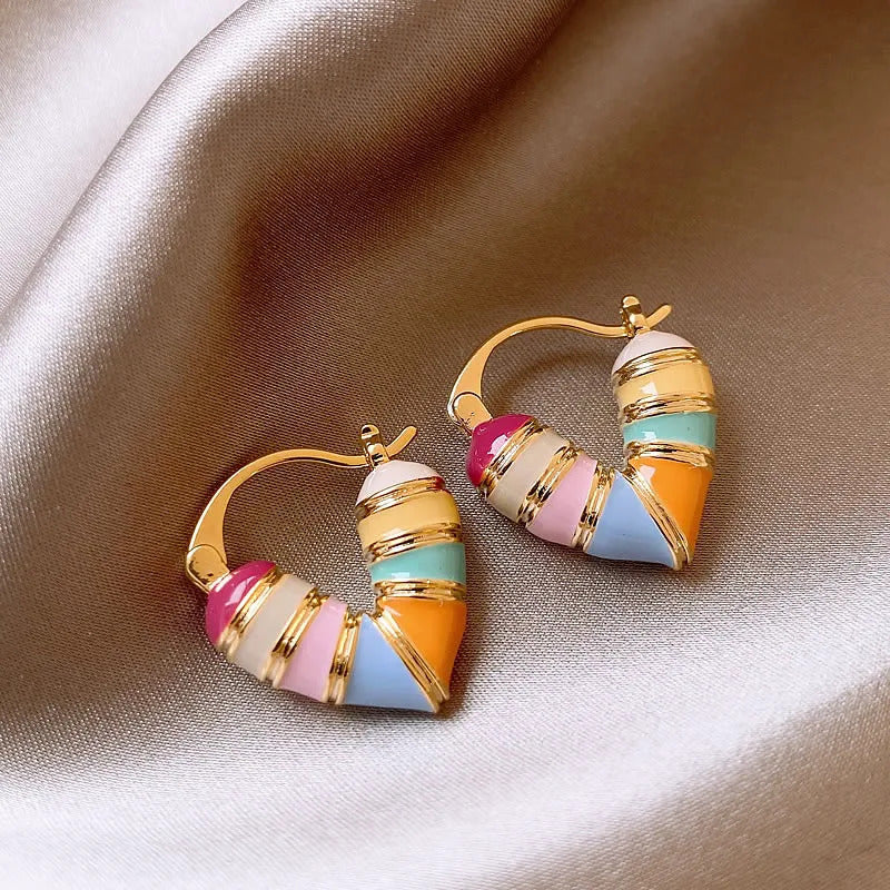 Colorful Heart Ear Buckle 2024 New Korean Fashion Women's Earring Precious Hoop Earrings Gold Plating Jewelries Girl Gifts