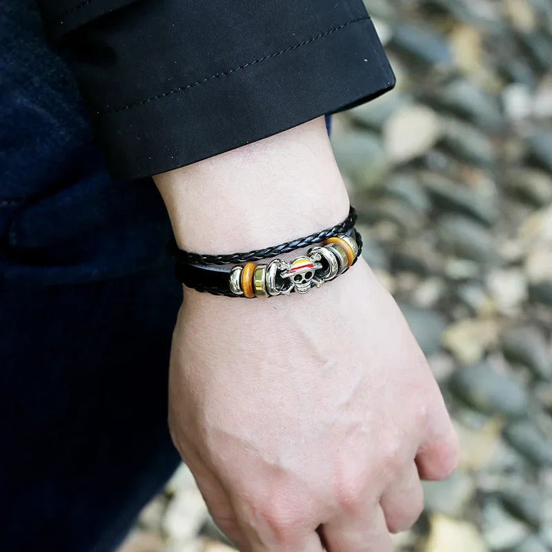 1Pc One Piece Luffy Pirate Bracelet Japan Cartoon Action Figure Toys Punk Black Leather Braided Punk Rock Bangles Bracelet Gifts