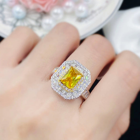 Hot New Princess Square Simulation Citrine Full Diamond Opening Ring Female Temperament Ring