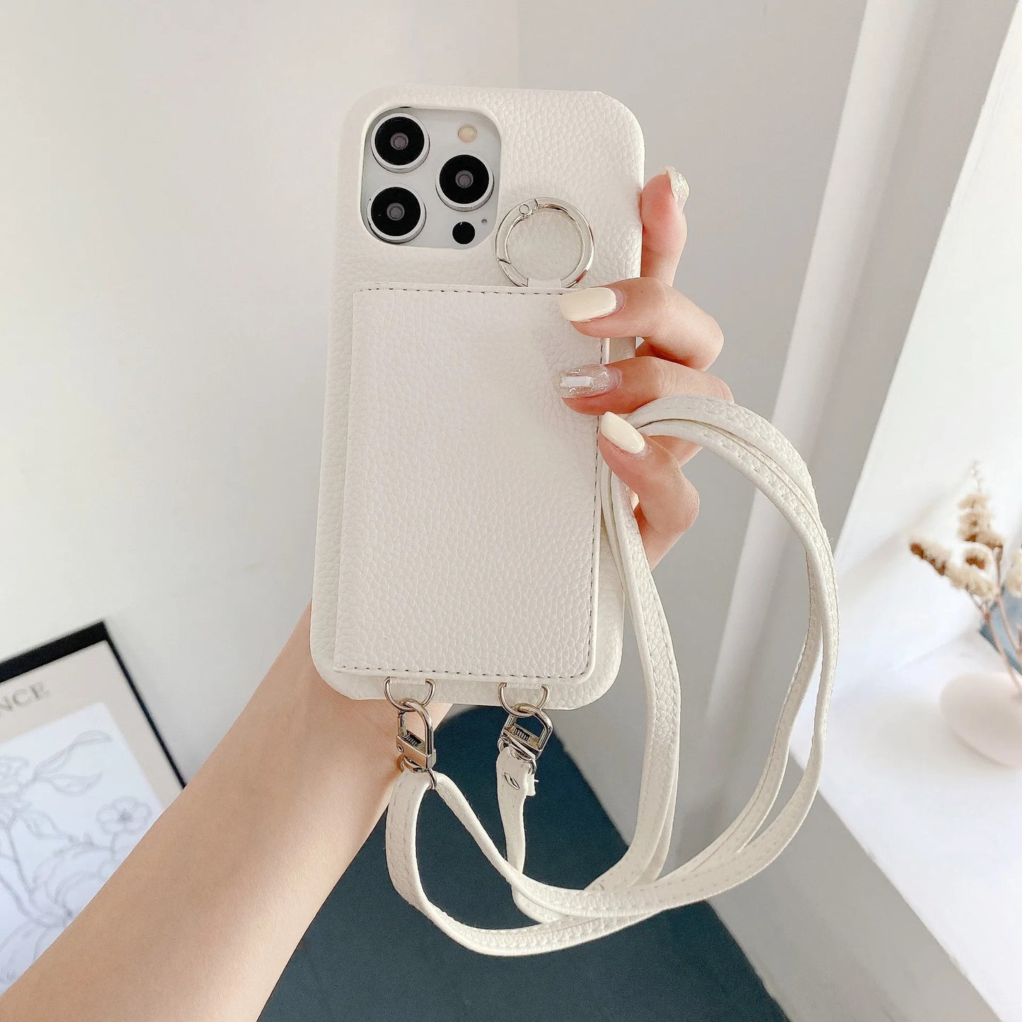 Ring Holder Mirror Card Slot Case For iPhone 13 12 Mini 16E 16 15 14 11 Pro XS Max 8 Plus Crossbody Wallet Lanyard Leather Cover