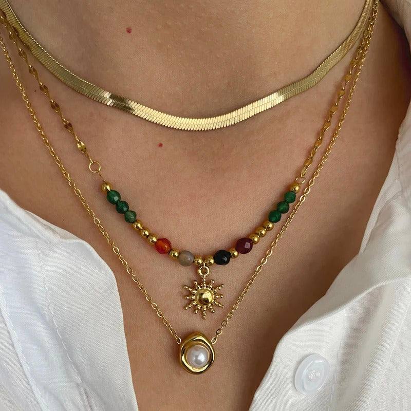 Peri'sbox Imitation Pearl Natural Stone Sunflower Pendant Necklace Women's Stainless Steel Flat Snake Chain Stackable Jewelry