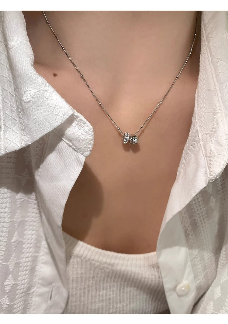 S925 Sterling Silver Double Ring Zircon Necklace Women's Light Luxury Double Ring Niche Clavicle Chain High-grade Sense Woolen Chain New Style