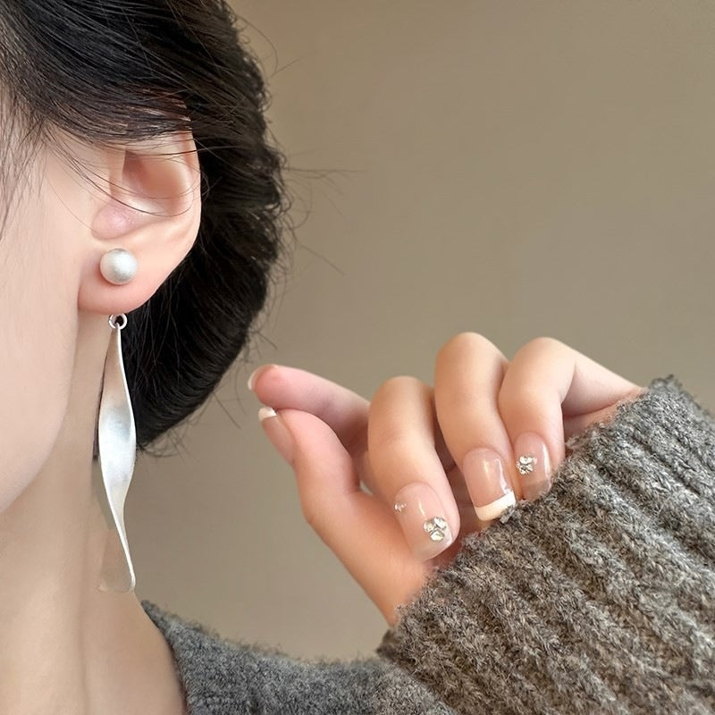 Geometric Ribbon Back Hanging Earrings for Women Simple Elegant Two-Way Wear Round Bead S925 Silver Plated Needle Earrings Versatile Ear Jewelry