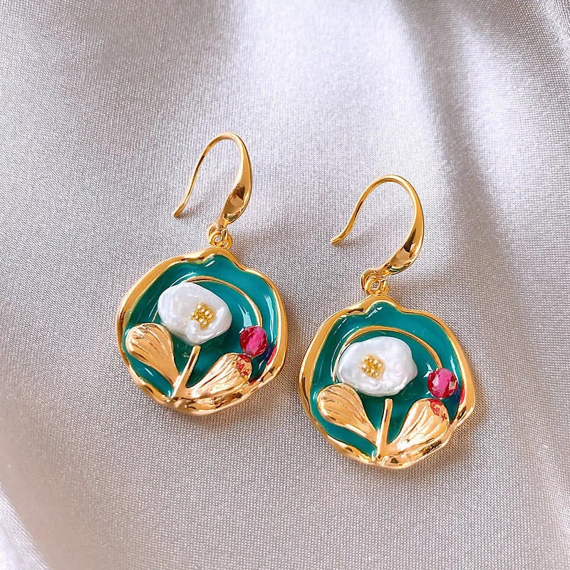Vintage Oil Painting Style Flower Earrings Fashion Imitates Pearl Geometric Drop Earrings High-End Wedding Jewelry Accessories