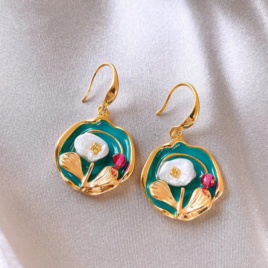 Vintage Oil Painting Style Flower Earrings Fashion Imitates Pearl Geometric Drop Earrings High-End Wedding Jewelry Accessories