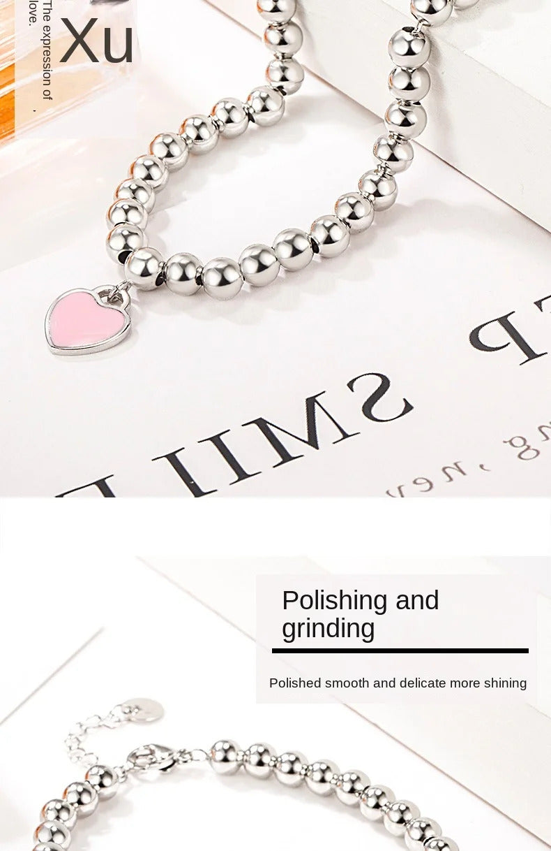 Designer 925 Silver Jewelry Necklace Woman Retro Heart-Shaped Enamel For Girls Cute Silver Bead Birthday Gift